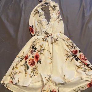 Lace Panel Open Back Floral Cami Romper